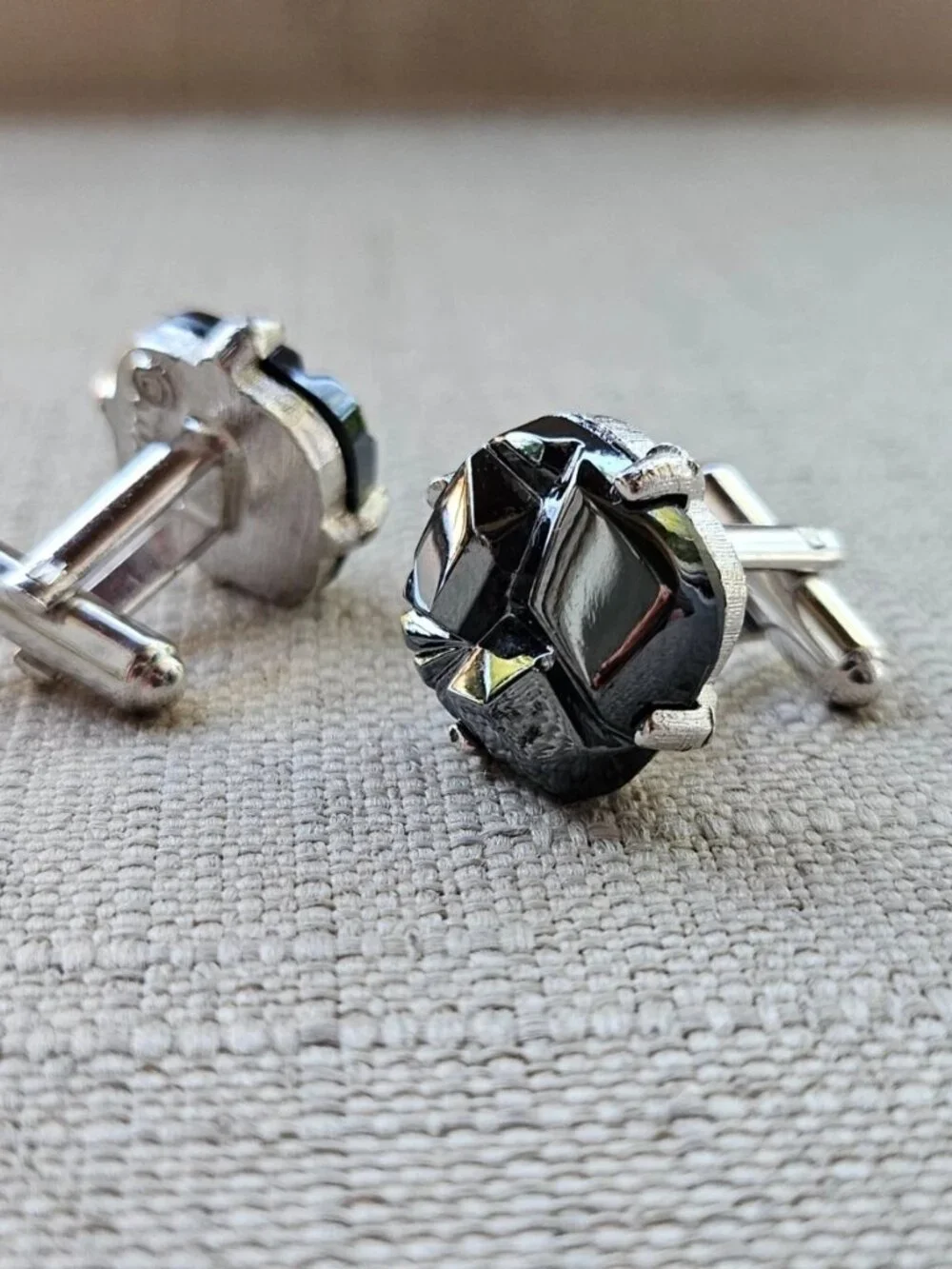 Vintage Sarah Coventry Men Cufflink Black Faux Stone Cuff Links Stud Men Jewelry